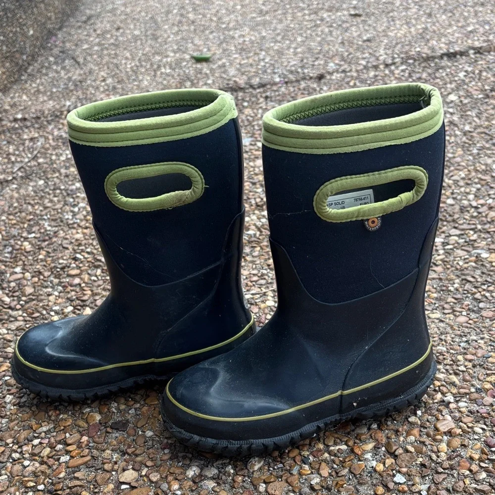 Bogs Kids Black Rain and Snow Boots with Green Trim